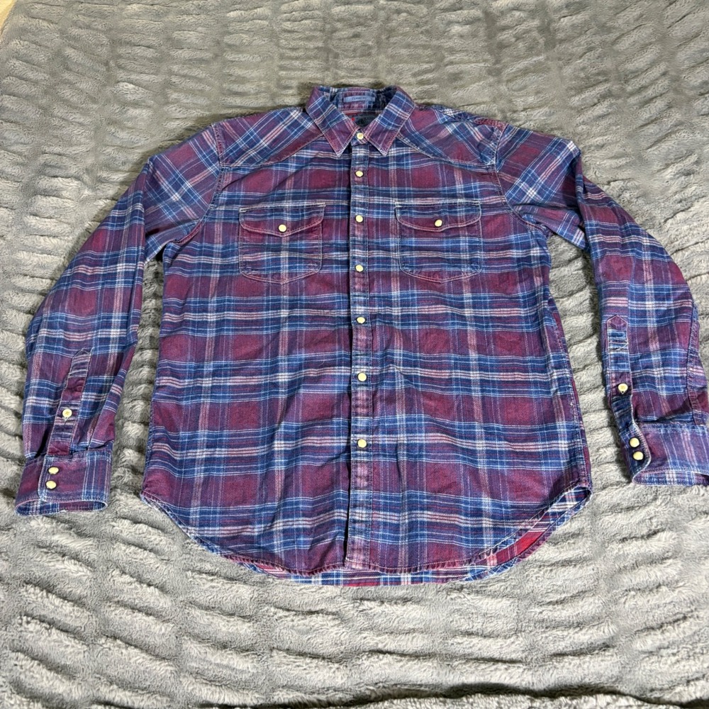 Lucky Brand Mens True Indigo Plaid Western Pearl Snap Shirt Classic Fit Medium